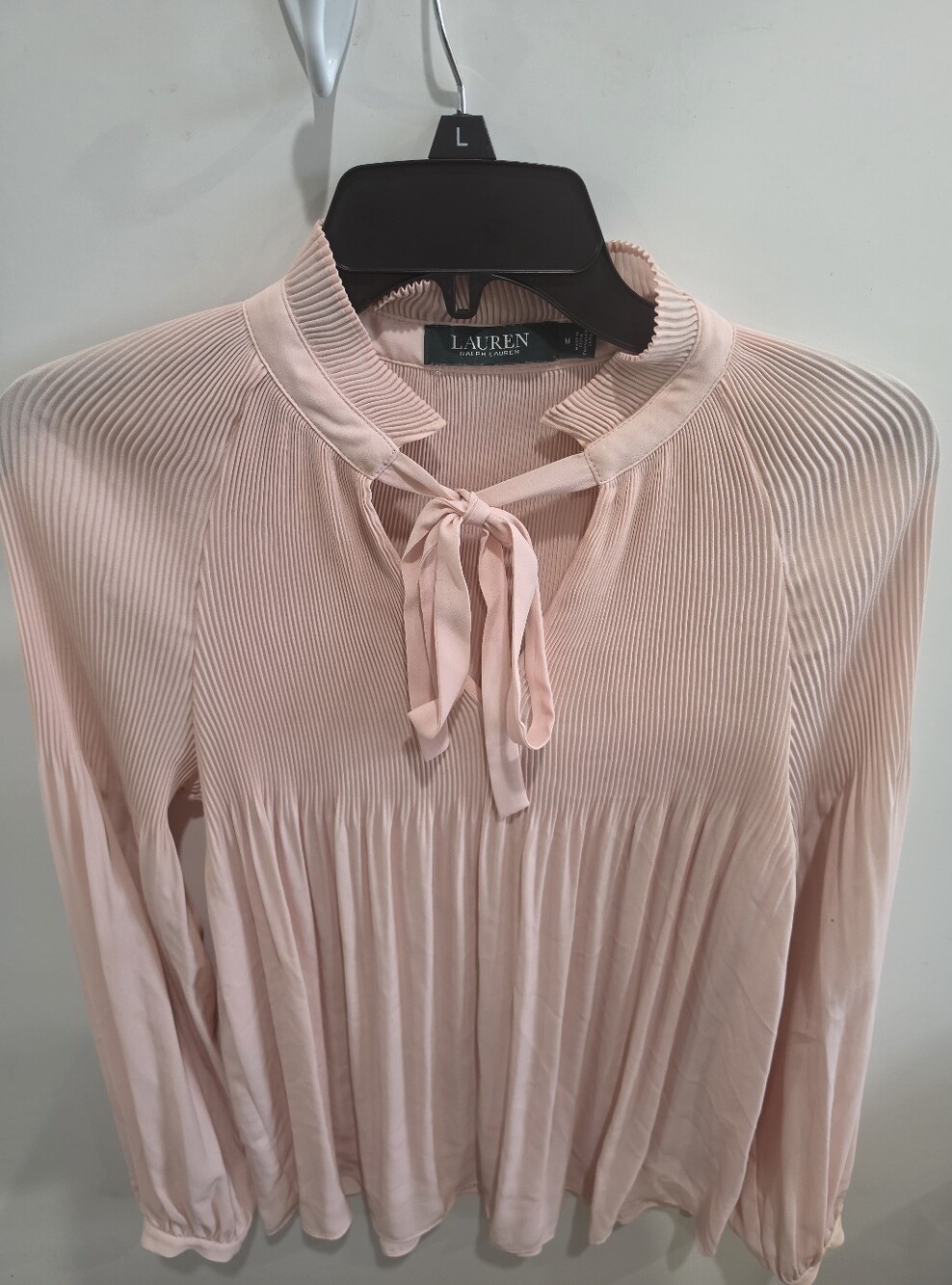 Lauren Ralph Lauren Pink Pleated Tie-Neck Blouse Light Fabric Size M Cottagecore